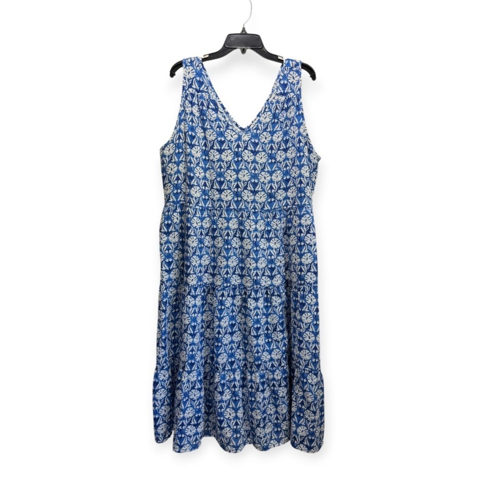 Cottagecore Tiered Nautical Chinoiserie Pockets Maxi Midi Dress Plus XXL Blue